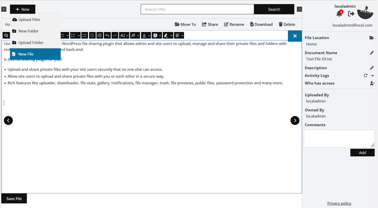 File Text Editor Text Editor - Addon - User Private Files